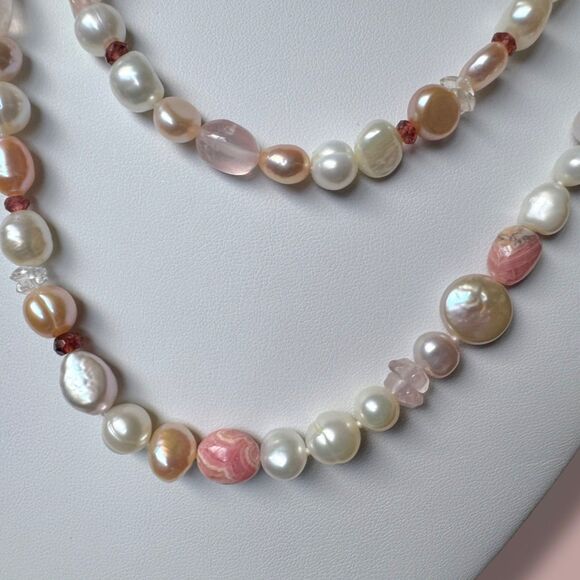 Vintage Honora 40" Pearl & Gemstone Necklace & Bracelet Set Pink Rhodochrosite - Picture 14 of 16